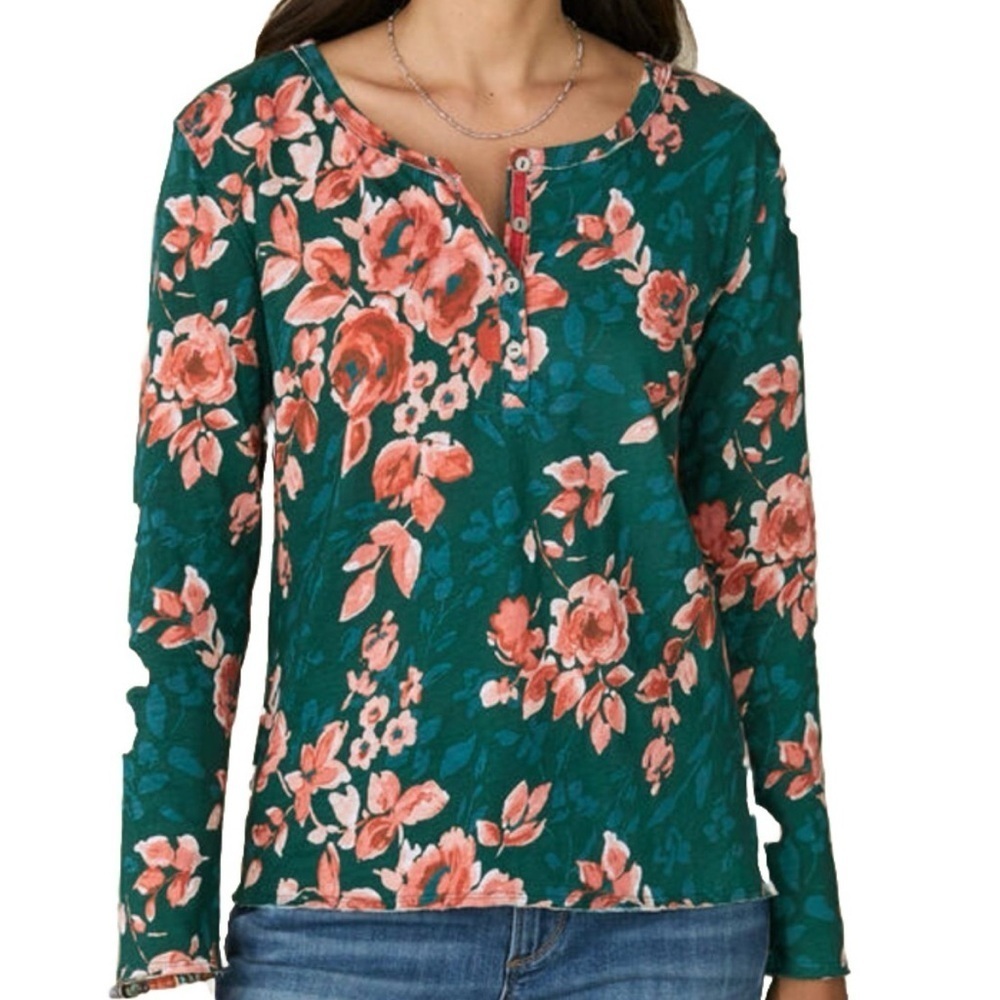 SUNDANCE Rosey Delights Henley Metallic Buttons Floral Top Blue Size Medium - Picture 12 of 15